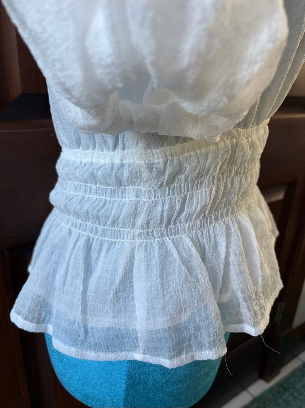 ASTR  Sheer Textured V-Neck Peplum Blouse with Puff Sleeves  white   lined  NWOT